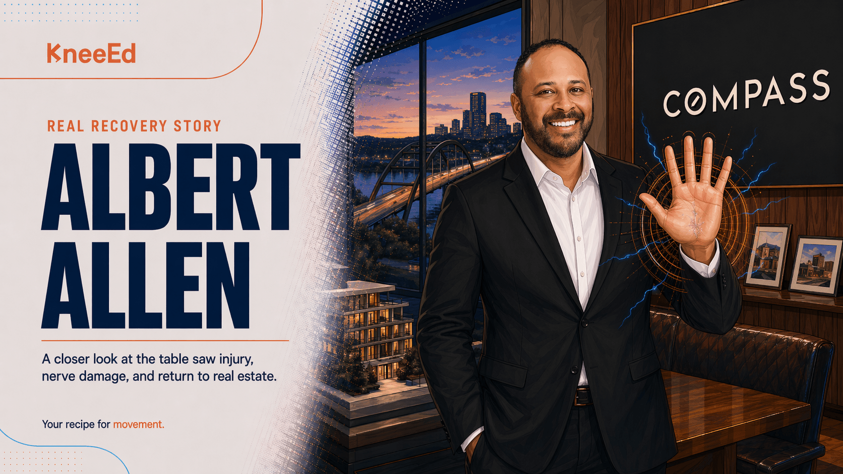 Editorial illustration of Albert Allen in his Compass real estate office with the KneeEd wordmark and electric blue motion glow at the left hand.