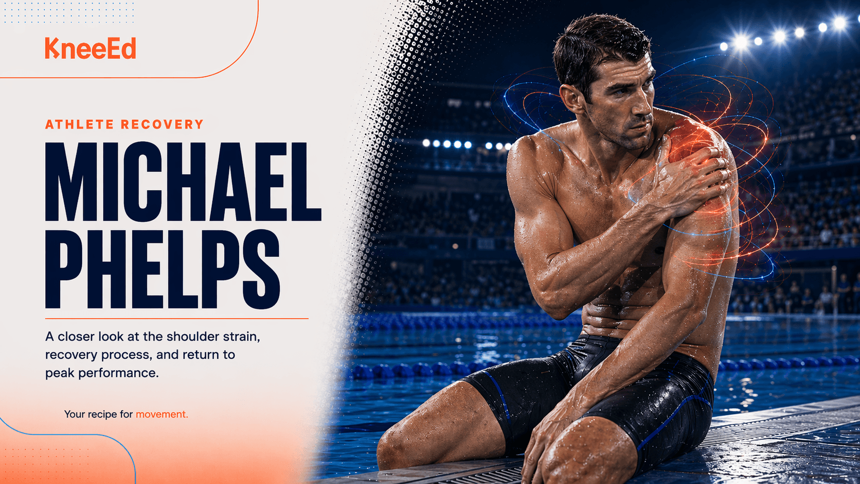 Editorial illustration of Michael Phelps at the edge of the pool, head bowed, with the KneeEd wordmark and a coral motion glow at the right shoulder.
