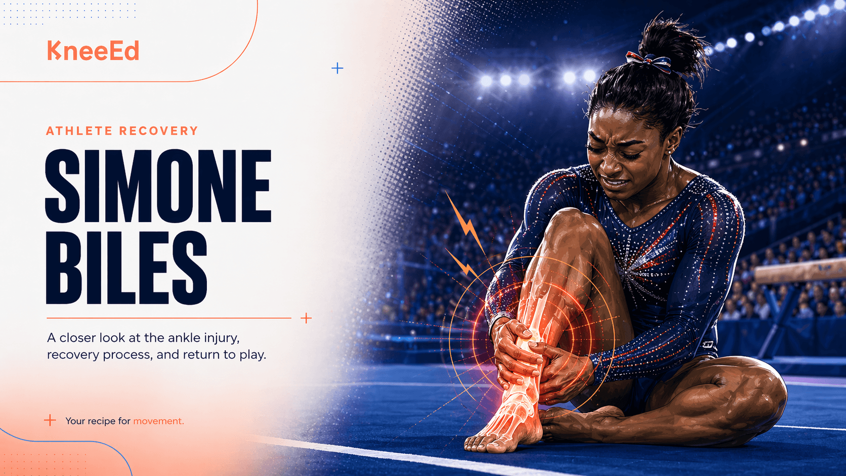 Editorial illustration of Simone Biles seated on a gymnastics floor with the KneeEd wordmark and a coral motion glow tracing her lower leg and calf.