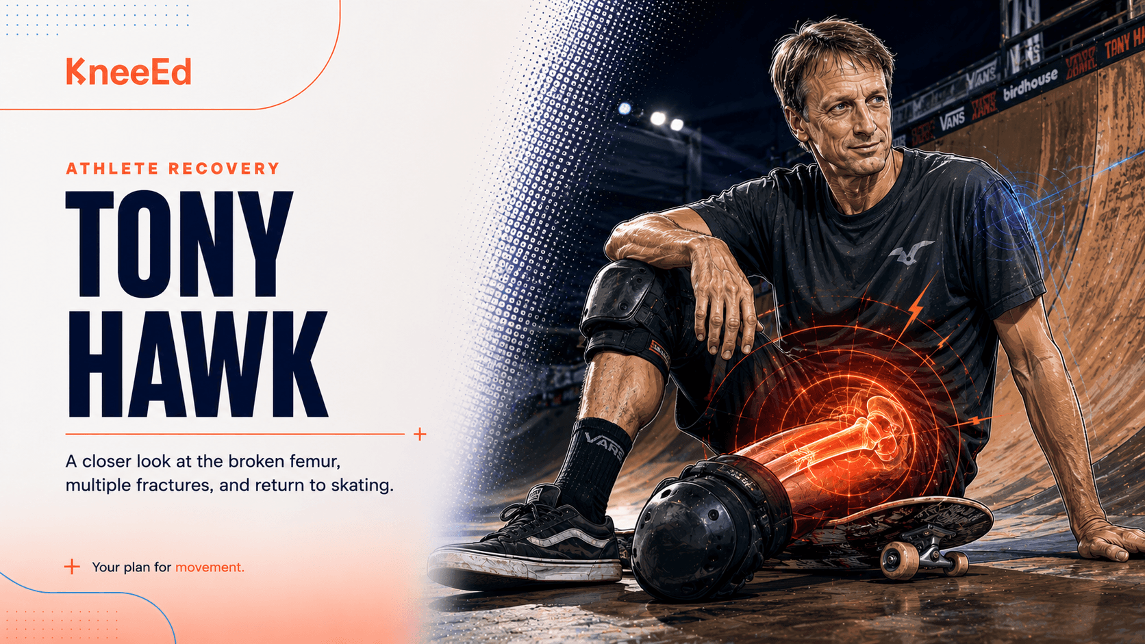 Editorial illustration of Tony Hawk seated beside a skateboard at the base of a vert ramp in a dark shirt and knee pads, with the KneeEd brand wordmark and a coral motion glow tracing the femur of his lower leg.