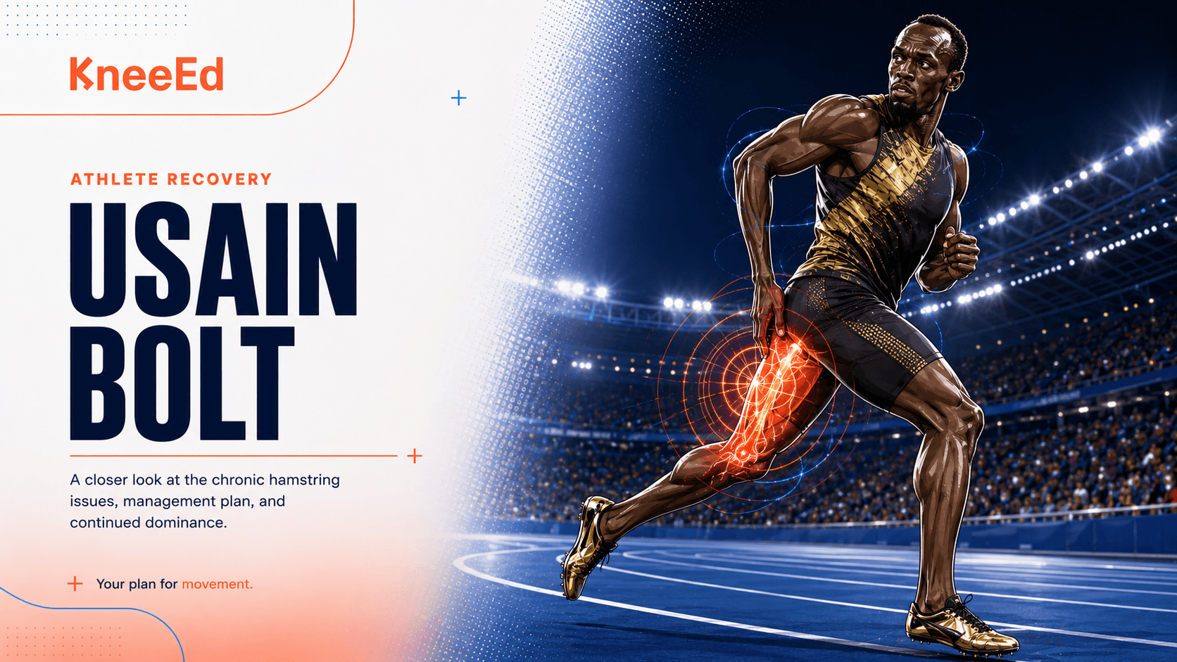 Editorial illustration of Usain Bolt mid-stride in his Jamaica kit with a coral motion glow tracing the back of his left thigh and lower spine, the KneeEd wordmark above.