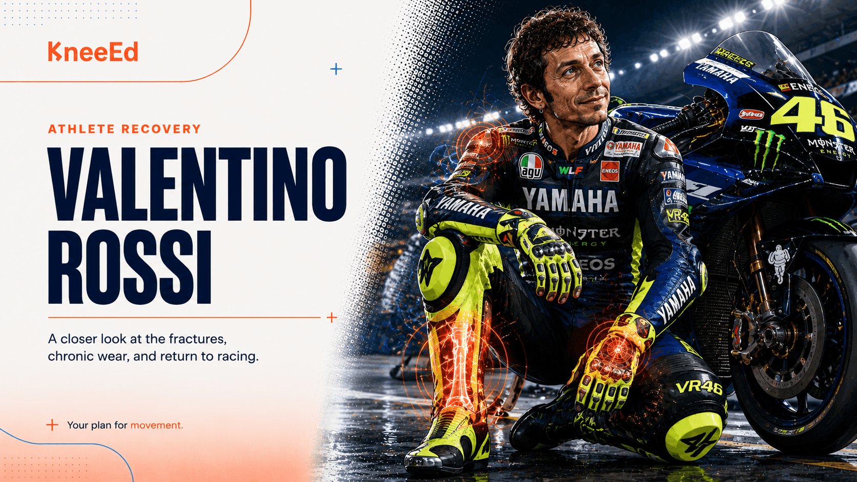 Editorial illustration of Valentino Rossi in his number 46 Yamaha leathers crouched beside his MotoGP bike, with KneeEd brand wordmark and a coral motion glow around his lower leg.