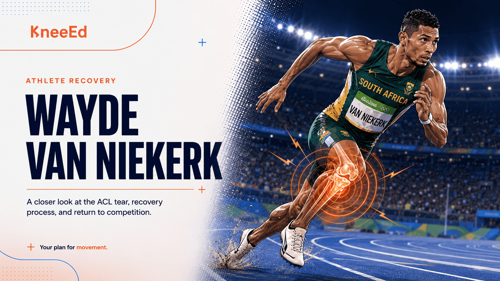 Editorial illustration of Wayde van Niekerk in his South Africa kit kneeling on the track, gripping his right knee, with the KneeEd wordmark and a coral motion glow around the joint.