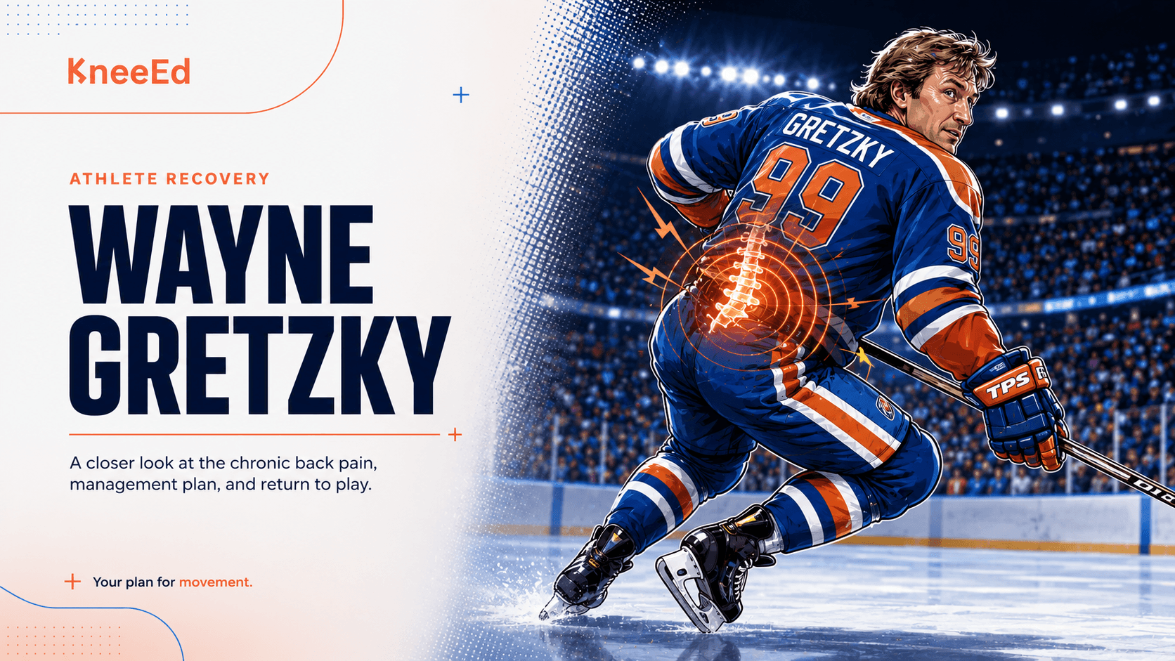 Editorial illustration of Wayne Gretzky in his Edmonton Oilers number 99 jersey, head bowed, with the KneeEd wordmark and a coral motion glow tracing his thoracic spine.